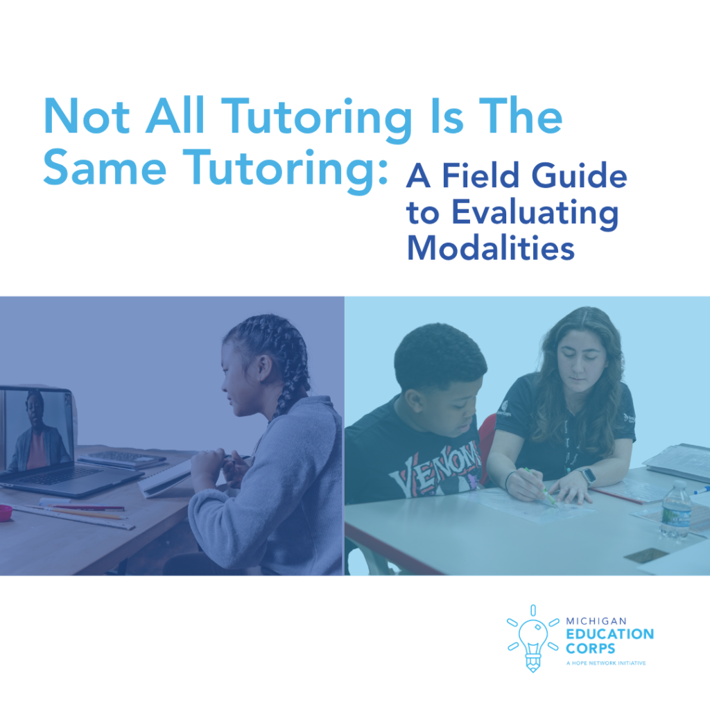 Split image comparing virtual tutoring on a laptop and in-person tutoring at a table, Michigan Education Corps.